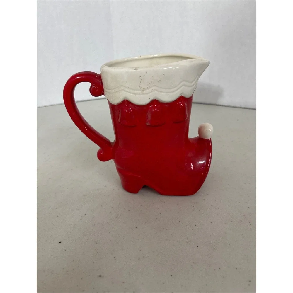 Vintage Christmas Elf Boot Pitcher Creamer Red White‎ Ceramic Holiday Decor